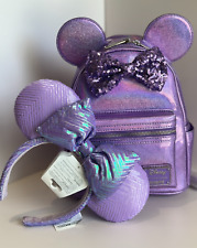Loungefly Disney Parks PURPLE GLITTER SPARKLE Minnie Mouse Backpack + Sequin Ear picture