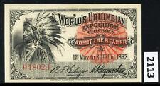 Dealer Dave Columbian Exposition 1893, INDIAN PORTRAIT TICKET, EXCELLENT (2113) picture