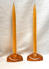 2 Vintage Orange Amber Lucite Candles w/ Holders Acrylic MCM Silver Flake Modern picture