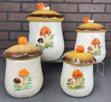 4 Vintage 1970's MERRY MUSHROOM CANISTER SET w/Lids JAPAN - Two-Sided - 70's picture