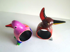 Vtg Pair of Hand Carved Colorful Birds Wooden Napkin Rings India great find picture