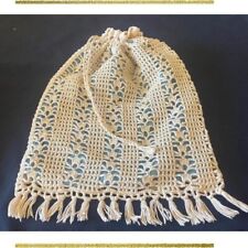 Vintage Bread Bag in crochet handmade lace Cream lined with fringe 34cm x 26cm picture