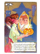 1911 Halloween Postcard Looking in Mirror of Your Lover True, Pumpkin Candle picture