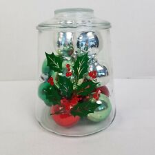 Clear Glass Jar w/Lid Filled w/ VTG Shiny Brite Christmas Balls Red Green Silver picture