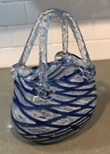 Handblown Murano Style Blue&White Cross Cross Diamond Design Glass Purse Vase 9” picture