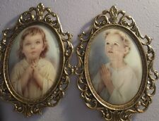 Vtg Two Praying Girls One On Each Vic-style Antique Gold Frames Hang Or Shelf picture