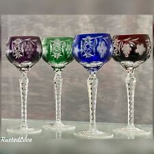 Bohemian Wine Glasses Cut to Clear Royal Blue, Ruby Red, Green and Amethyst 4 Pc picture