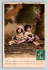 c1909 RPPC St Nicholas French Boy Girl Flowers Hand Colored Real Photo Postcard picture