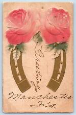 Manchester Iowa IA Postcard Greetings Embossed Roses And Horseshoe 1909 Antique picture
