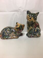 Pair of Vintage multicolor patch glazed Lacquer Cat Figurines  picture