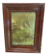 Vtg Rustic Dark Wood Picture Frame w/ Farmhouse Country Cottage Print 9.5