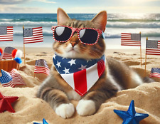 Cool Cat By The Ocean American Flags Stars & Stripes Patriotic Postcard 5.5x4.2