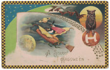 Schmucker Winsch Embossed Witch Flying Corn Broom Plane Halloween Postcard 1915 picture
