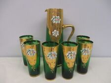 VTG TREFOUCHI MURANO ITALY BOHEMIAN GREEN GLASS GOLD FLOWERS PITCHER & 5 GOBLETS picture
