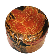 Tooled Leather Floral Flower Trinket or Jewelry Box With Lid Red Brown Green picture