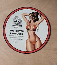 ROCHESTER PRODUCTS CARBURETOR BEACH GIRL PINUP MANCAVE PORCELAIN ENAMEL SIGN picture