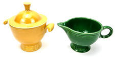 Vintage Fiesta Green Open Creamer & Yellow Lidded Sugar Bowl Set Fiestaware picture