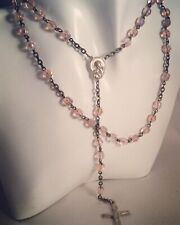 Antique Vintage Old Pink AB Glass Rosary Beads Silver Cross Necklace INRI picture
