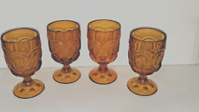 4 Vintage Amber Depression Glass Footed Water Goblets Oval Floral Flower picture