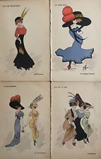 Lot of 4 antique artist drawn parisian women type fashion art nouveau picture