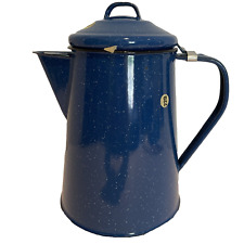 Vtg Large Enamel Ware Coffee Pot Blue White Speckled Camping/Cowboy  10