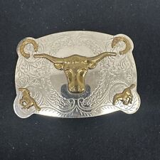 The Longhorn cow steer  western belt buckle with Lucky horseshoe accents 1960s picture