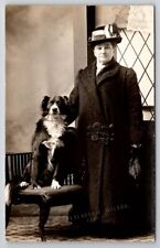 RPPC Border Collie Dog And The Lady Fancy Hat Coat Lead SD Studio Postcard S27 picture