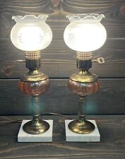 Pair Of Marble Base Pink Glass Center Brass Lamps W Ruffled Frosted Glass Shades picture
