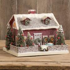 Deep Red Cape Cod Christmas Village House with White Sedan Car picture