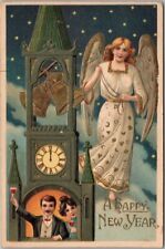 c1910s HAPPY NEW YEAR Embossed Postcard Flying Angel / Church Bells / Serie 615 picture