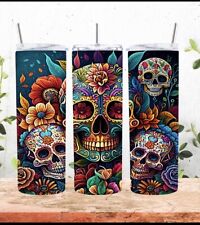 ‼️Sugar Skull 💀  Day Of The Dead Metal Tumbler 20oz Hot/Cold With Straw‼️ picture