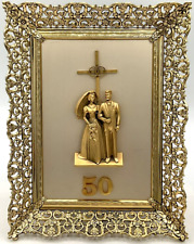 Creed Framed 50th Wedding Anniversary 3-D Gold Tone Metal Christian Cross picture