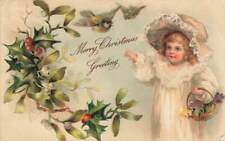 c1910 Flying Birds Girl Basket Embossed Christmas P190 picture