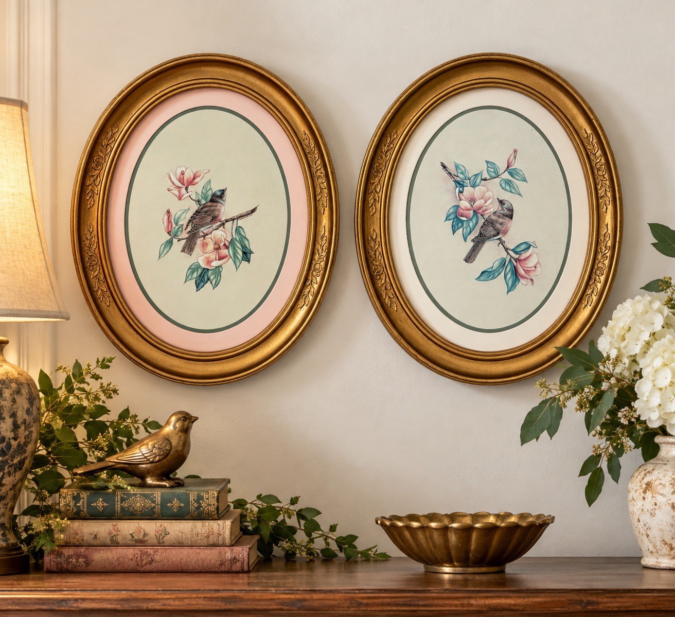 Vintage 1983 Set of 2 Homco Birds Grannycore Gold Oval Frame Pictures 9x11 in