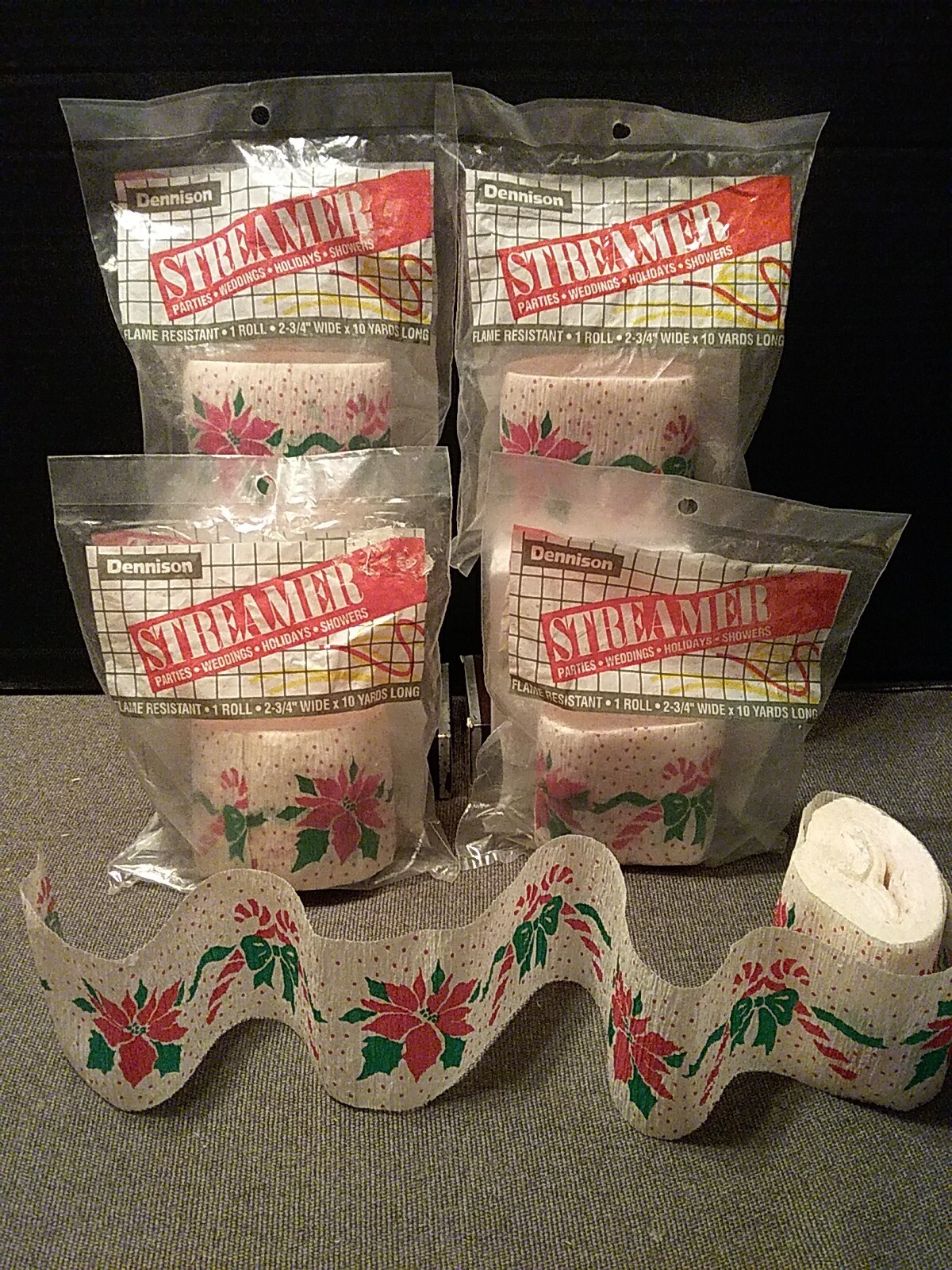 Vtg Dennison Christmas Poinsettia & Candy Cane Crepe Paper Streamers 30ft. 4pc 