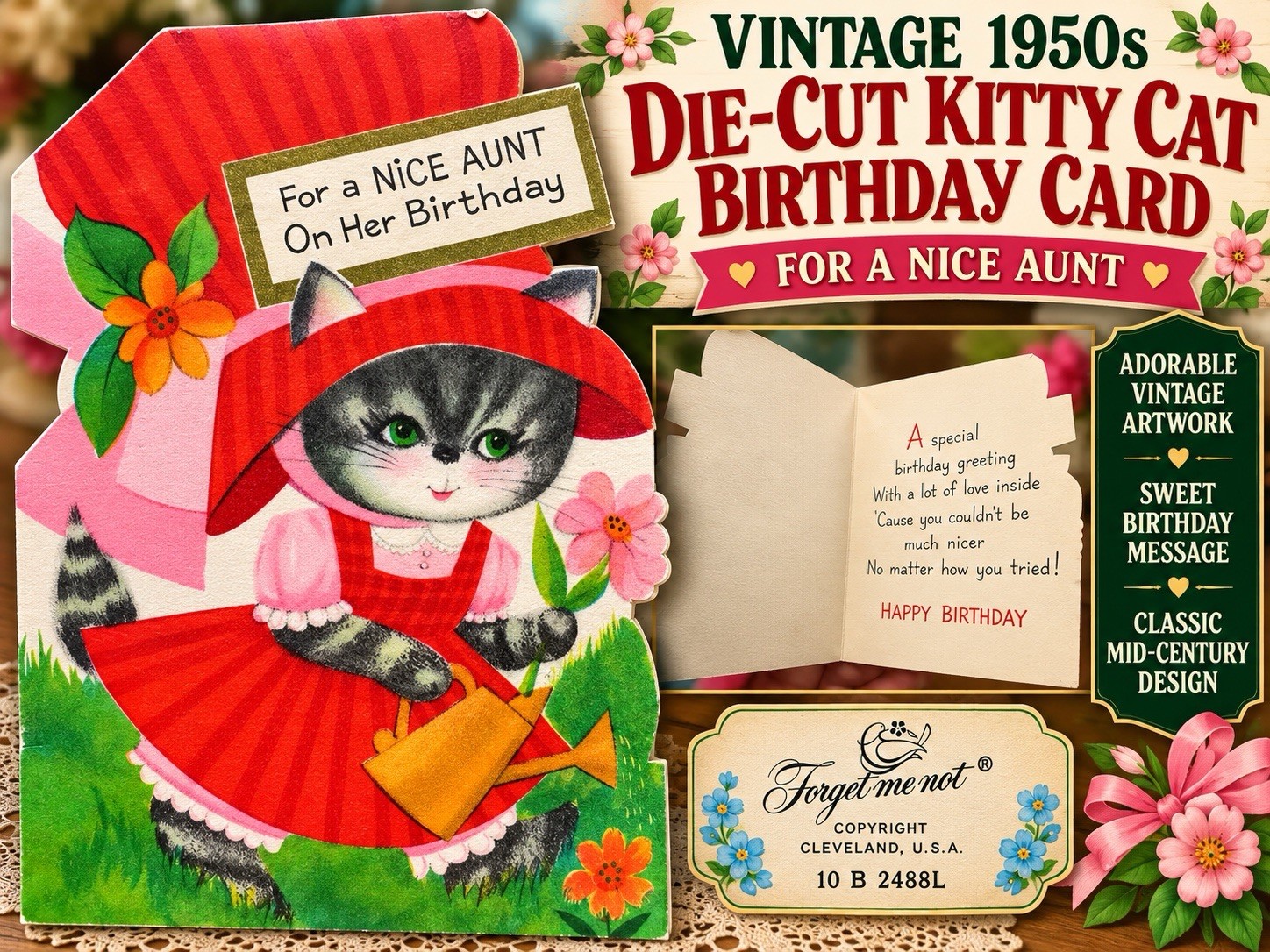 Vintage 1950s American Greetings Forget Me Not Kitty Cat Sunbonnet Flowers Aunt