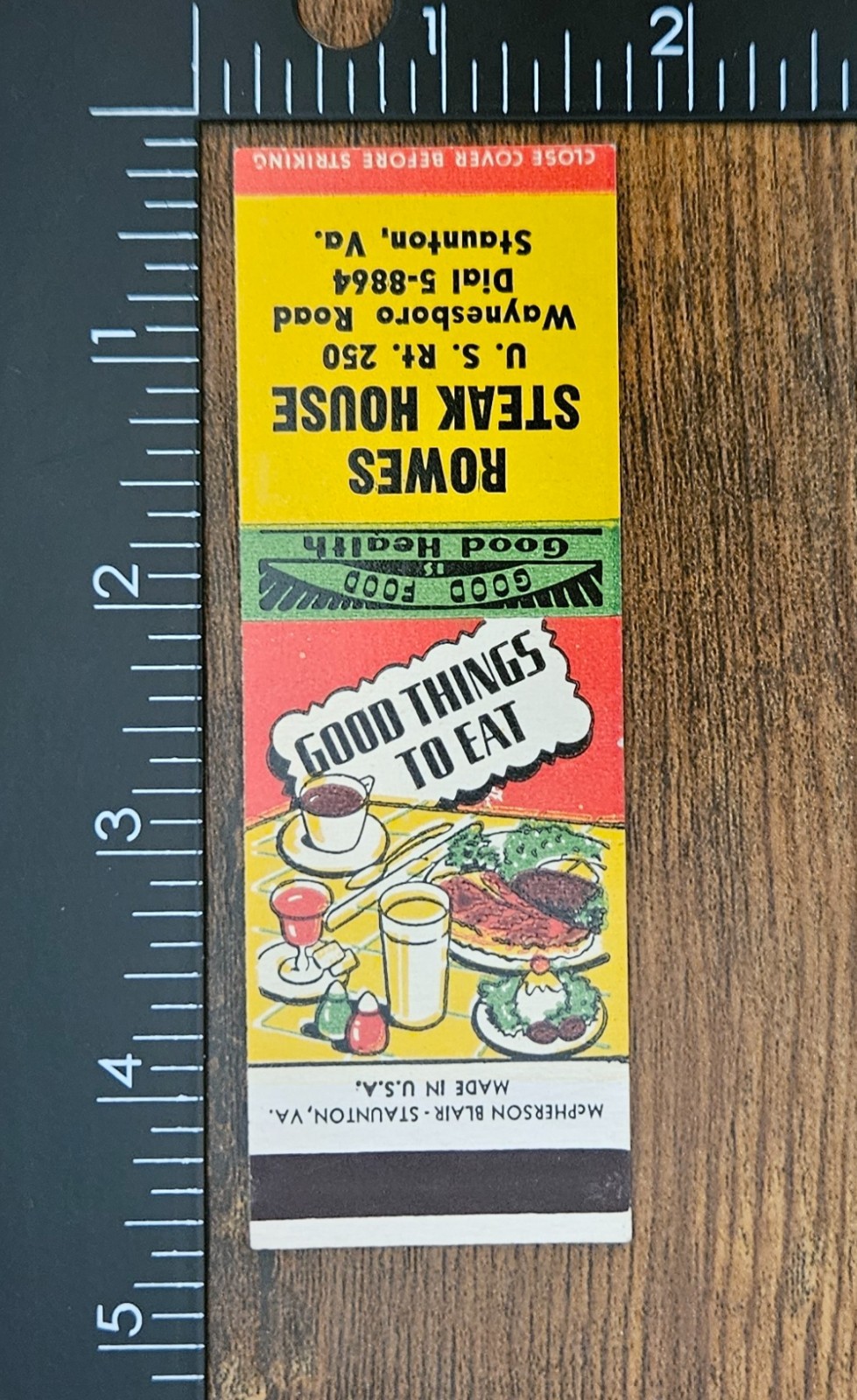 Staunton Virginia Rowes Steak House Vintage Match Book