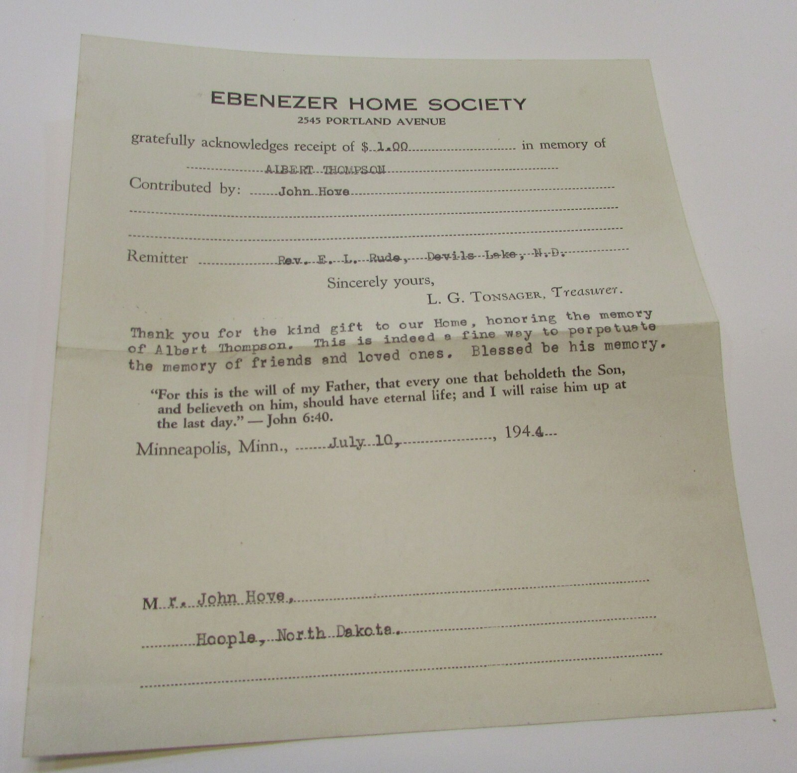 Vintage 1944 Ebenezer Home Society 6x7 Donation Receipt Minneapolis MN FREE S/H