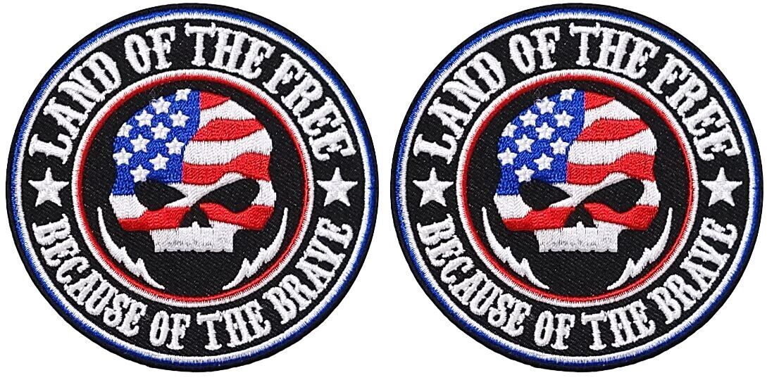 Land of the Free Patriotic Skull Embroidered Patch -2PC Iron on Sew 3.5\