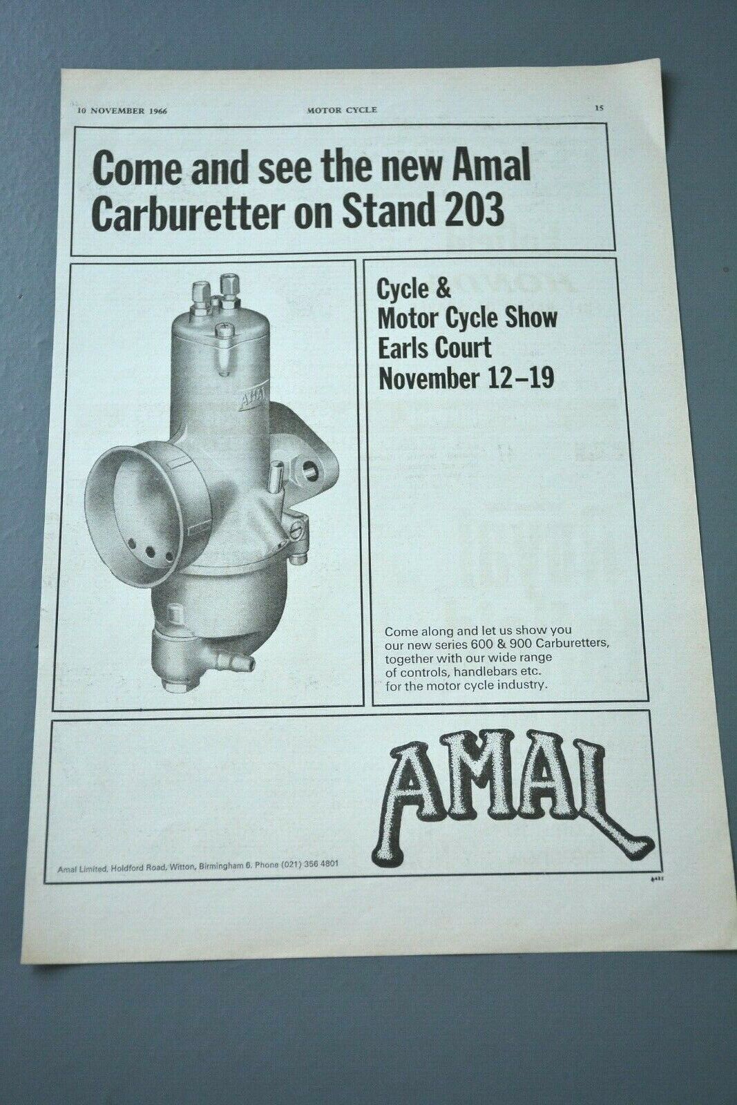 Vintage Clipping/Print: Amal Carb Carburetter