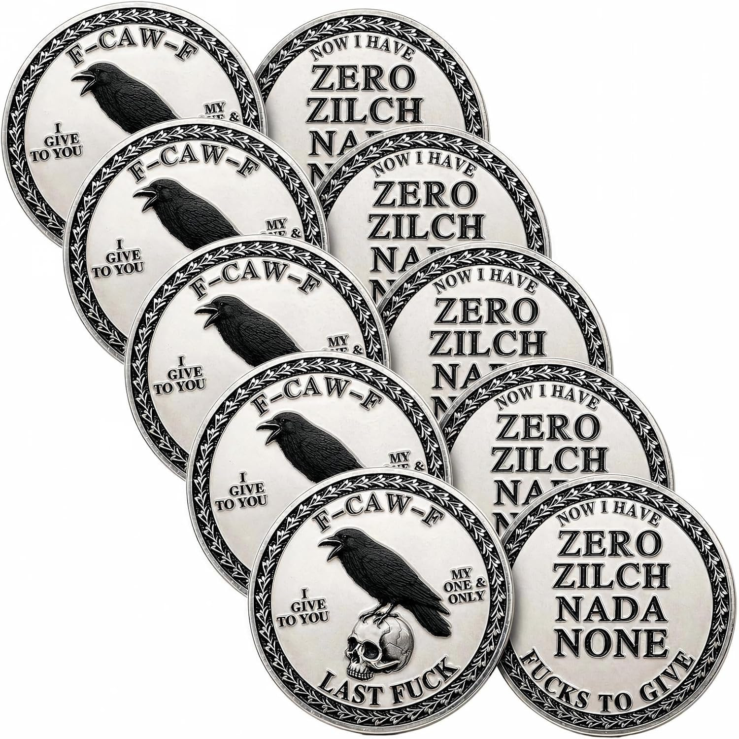 The F-CAW-F Coin, Funny Raven Skull Challenge Coin, Give Zero F*CKS (5PCS)