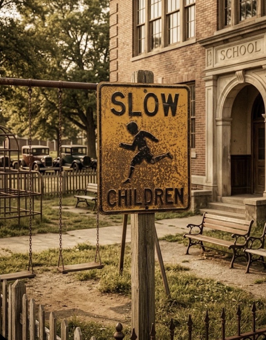 Vintage 1940s Heavy Gauge Steel SLOW CHILDREN Embossed Letter Metal Sign
