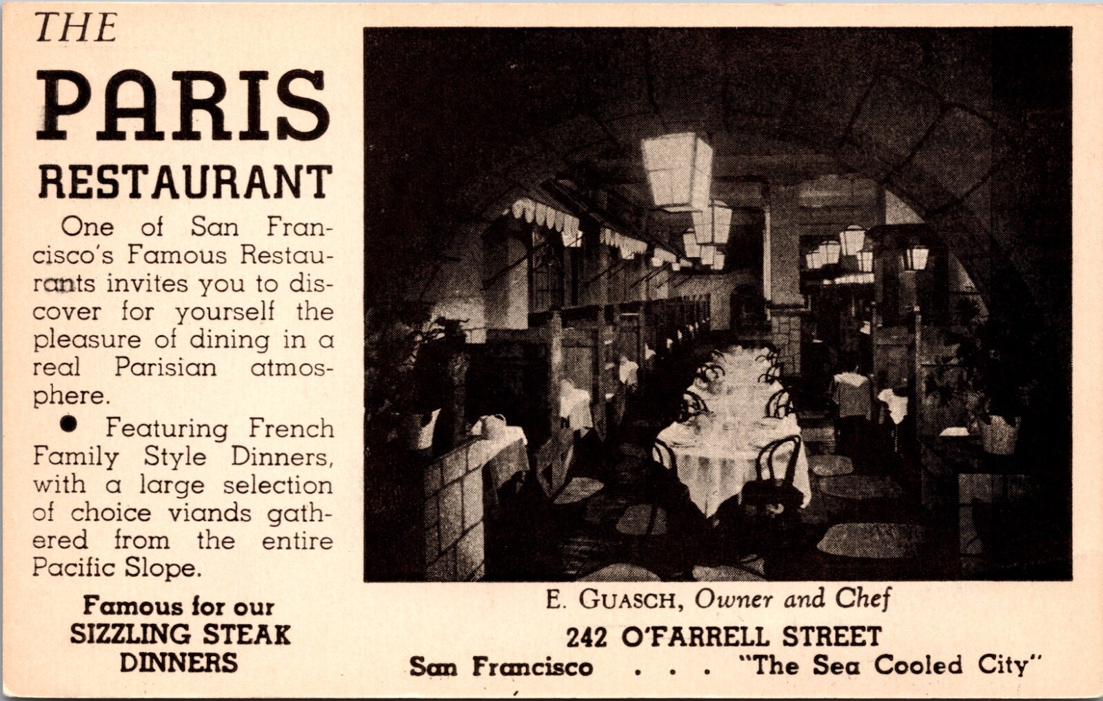 Postcard The Paris Restaurant 242 O'Farrell Street San Francisco, California
