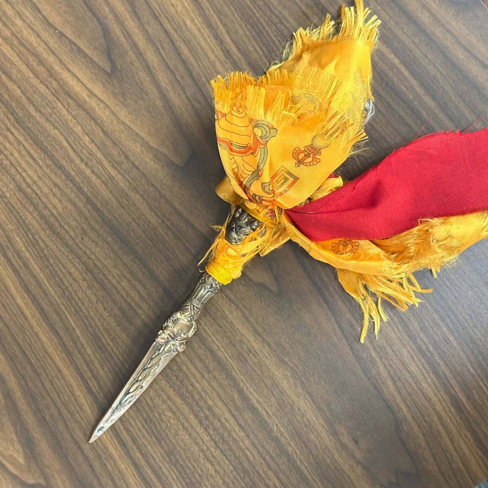 Ornate Metal Ritual Dagger Tibetan Style Deity Face Pommel Silk Wrapped 7.5 in