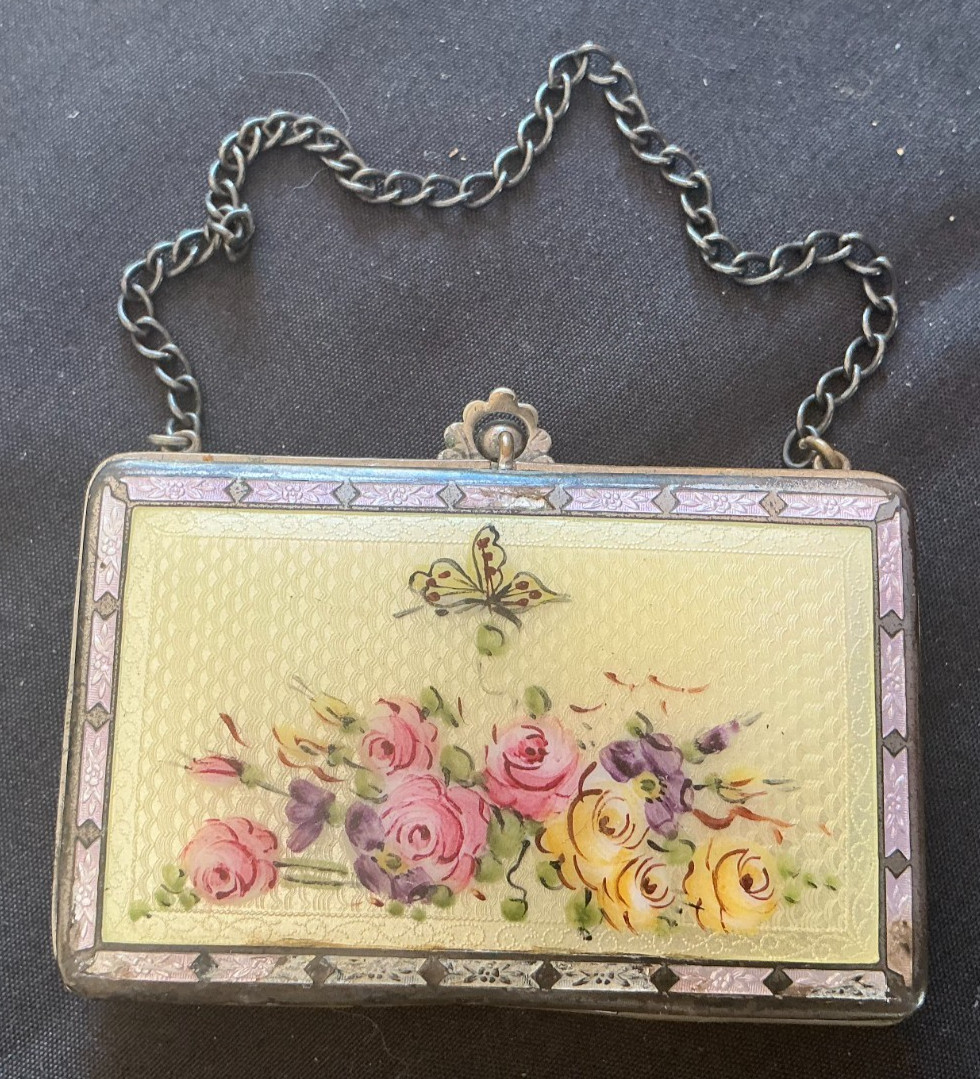 Antique Guilloche Enamel Compact Dance Purse Hand Painted Floral Butterfly Chain
