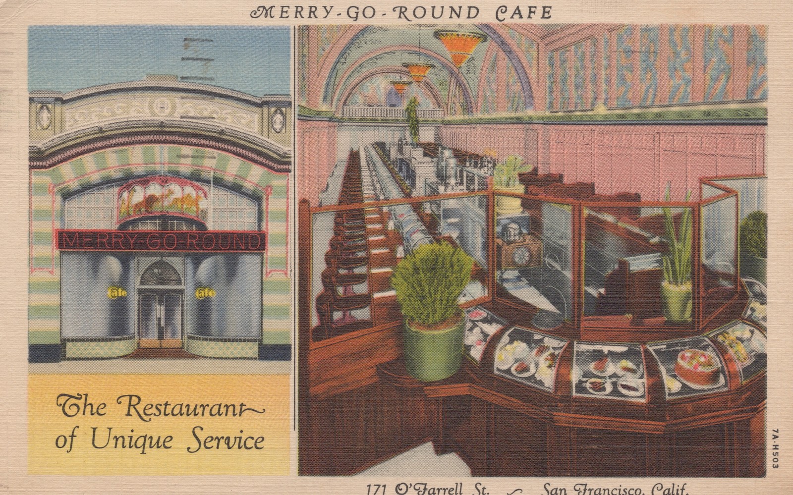 Merry-Go-Round Cafe San Francisco CA Linen Postcard 1937 Curt Teich Restaurant