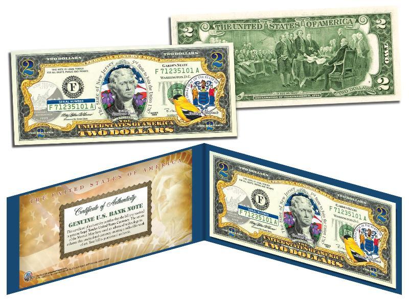 NEW JERSEY Statehood $2 Two-Dollar Colorized U.S. Bill NJ State *Legal Tender*
