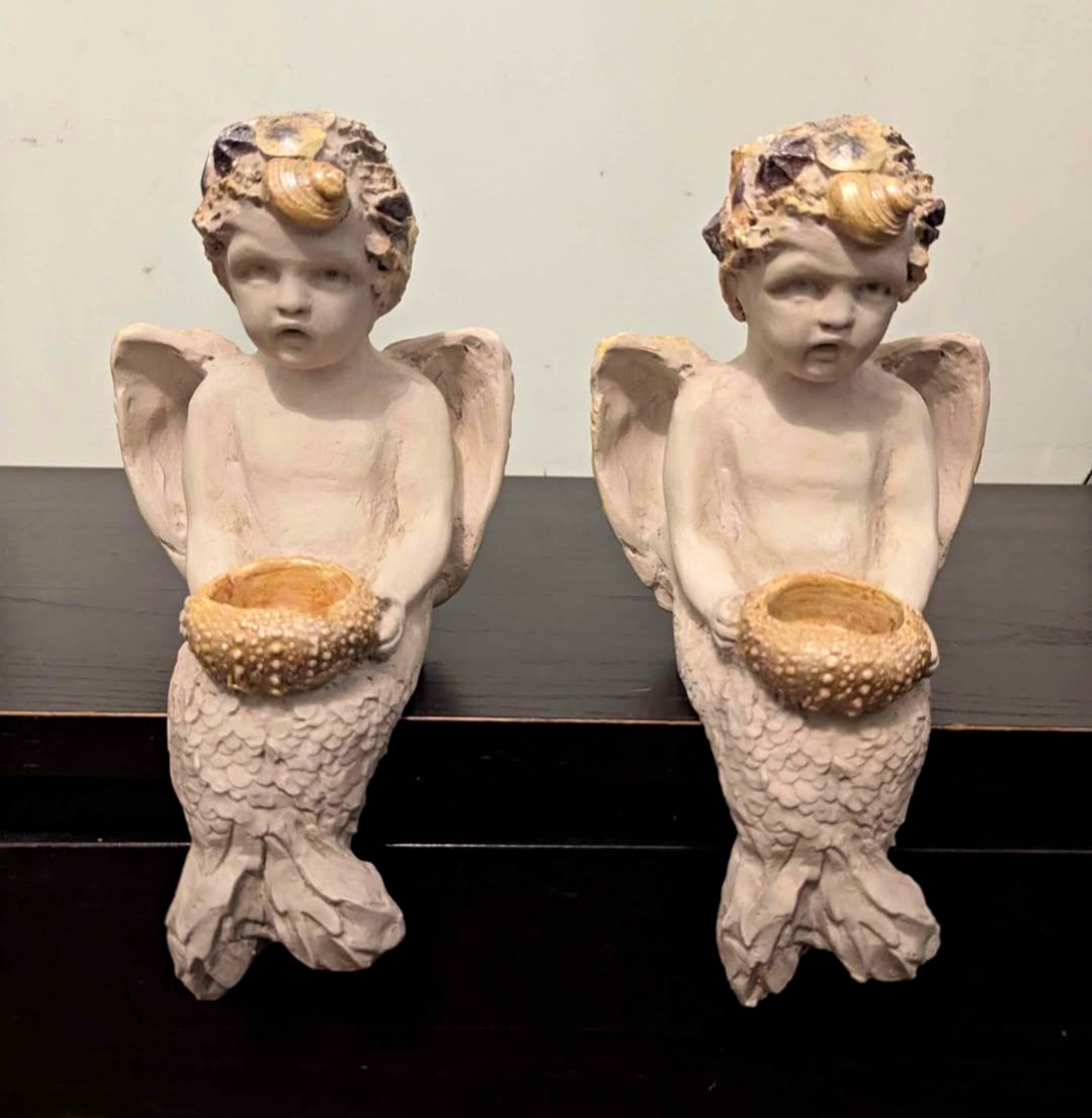 2 Vintage 1999 R. Shipman Mermaid Angel Shelf Sitter Candle Holder Figurines