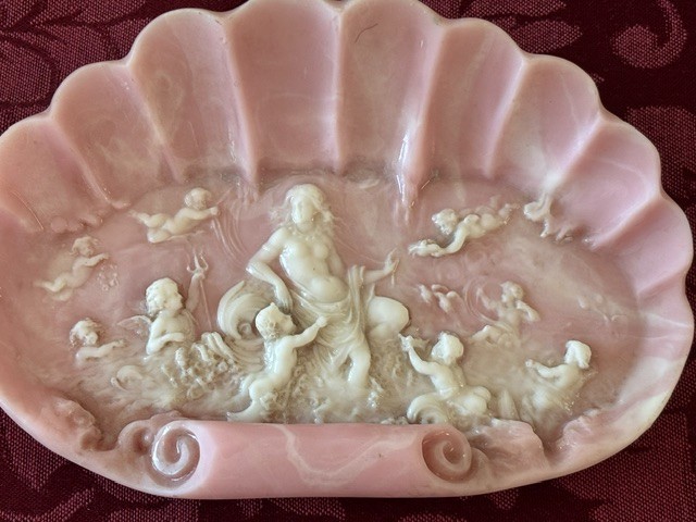 Vintage Genuine Incolay Stone Jewelry Dish Venus & Cherubs In A Shell