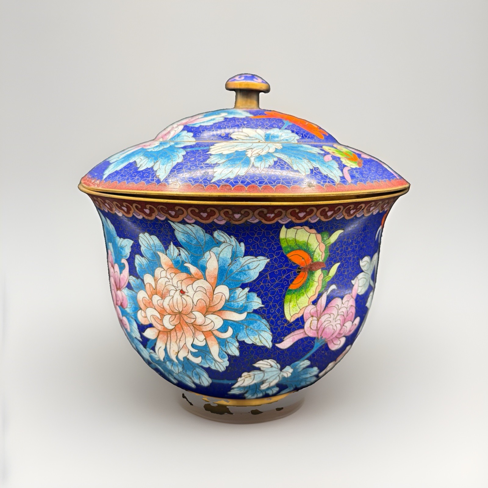 Vintage Chinese Cloisonné Lidded Enamel Floral Urn Jar Grandmillennial Style